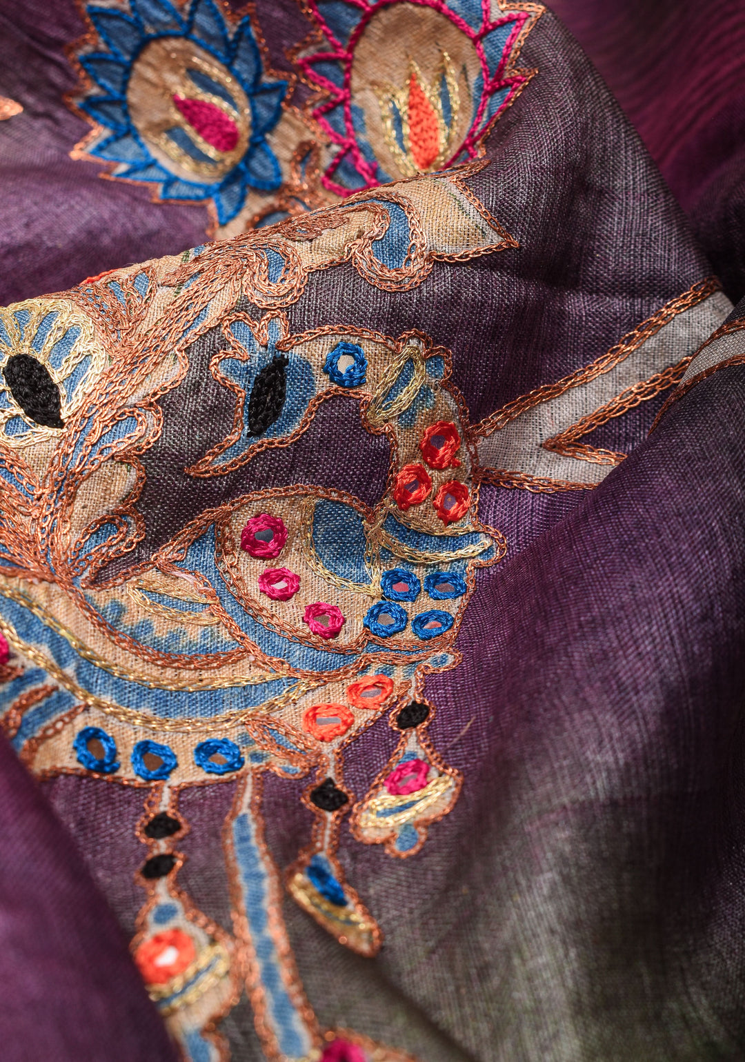 Purple Jari tussar Silk Saree with mirror and pitta work | SILK MARK CERTIFIED