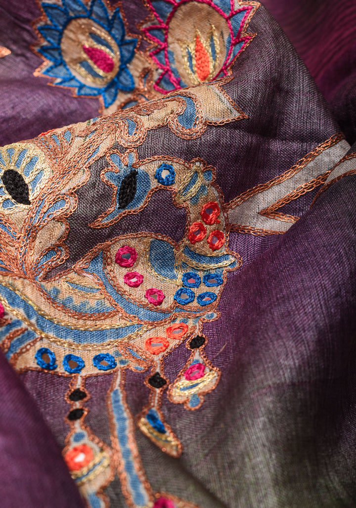 Purple Jari tussar Silk Saree with mirror and pitta work | SILK MARK CERTIFIED