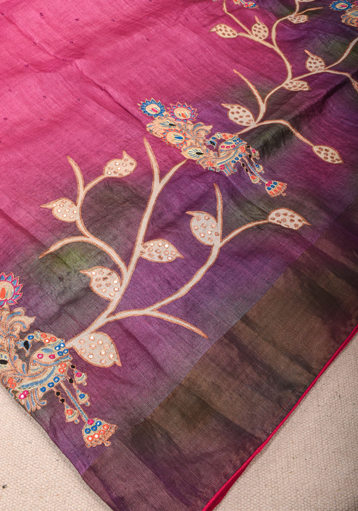 Purple Jari tussar Silk Saree with mirror and pitta work | SILK MARK CERTIFIED