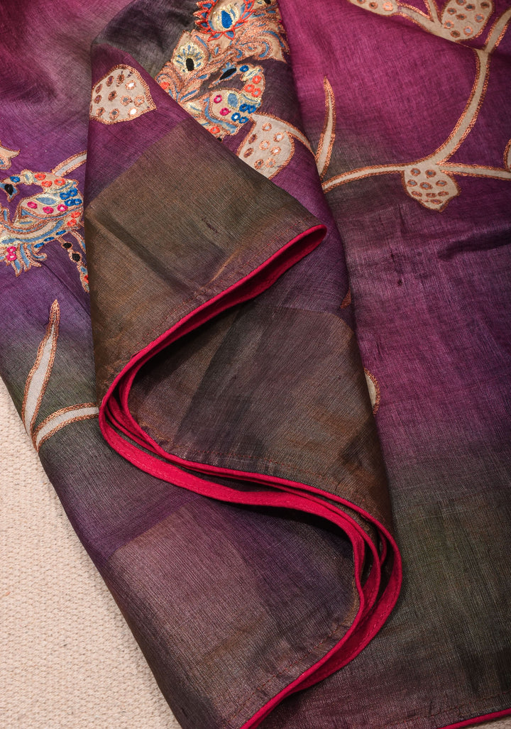 Purple Jari tussar Silk Saree with mirror and pitta work | SILK MARK CERTIFIED