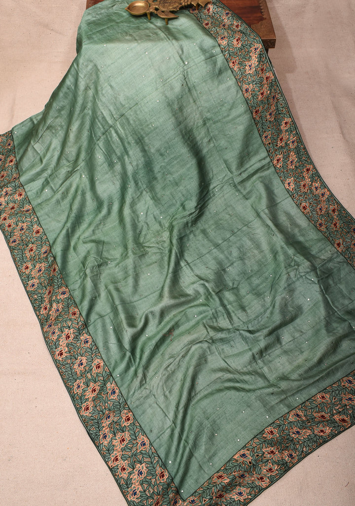Viridian Green Tussar Sik Saree with Cutwork Border, Mirror and Pitta Work  | SILK MARK CERTIFIED