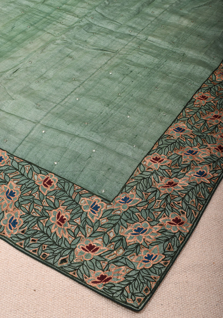Viridian Green Tussar Sik Saree with Cutwork Border, Mirror and Pitta Work  | SILK MARK CERTIFIED