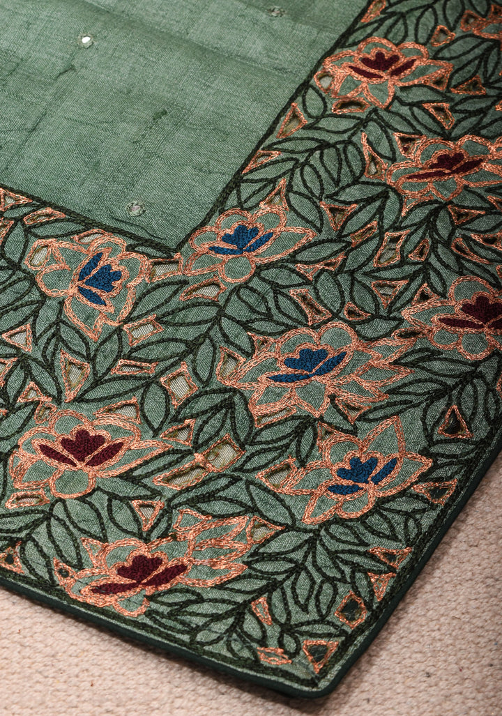 Viridian Green Tussar Sik Saree with Cutwork Border, Mirror and Pitta Work  | SILK MARK CERTIFIED