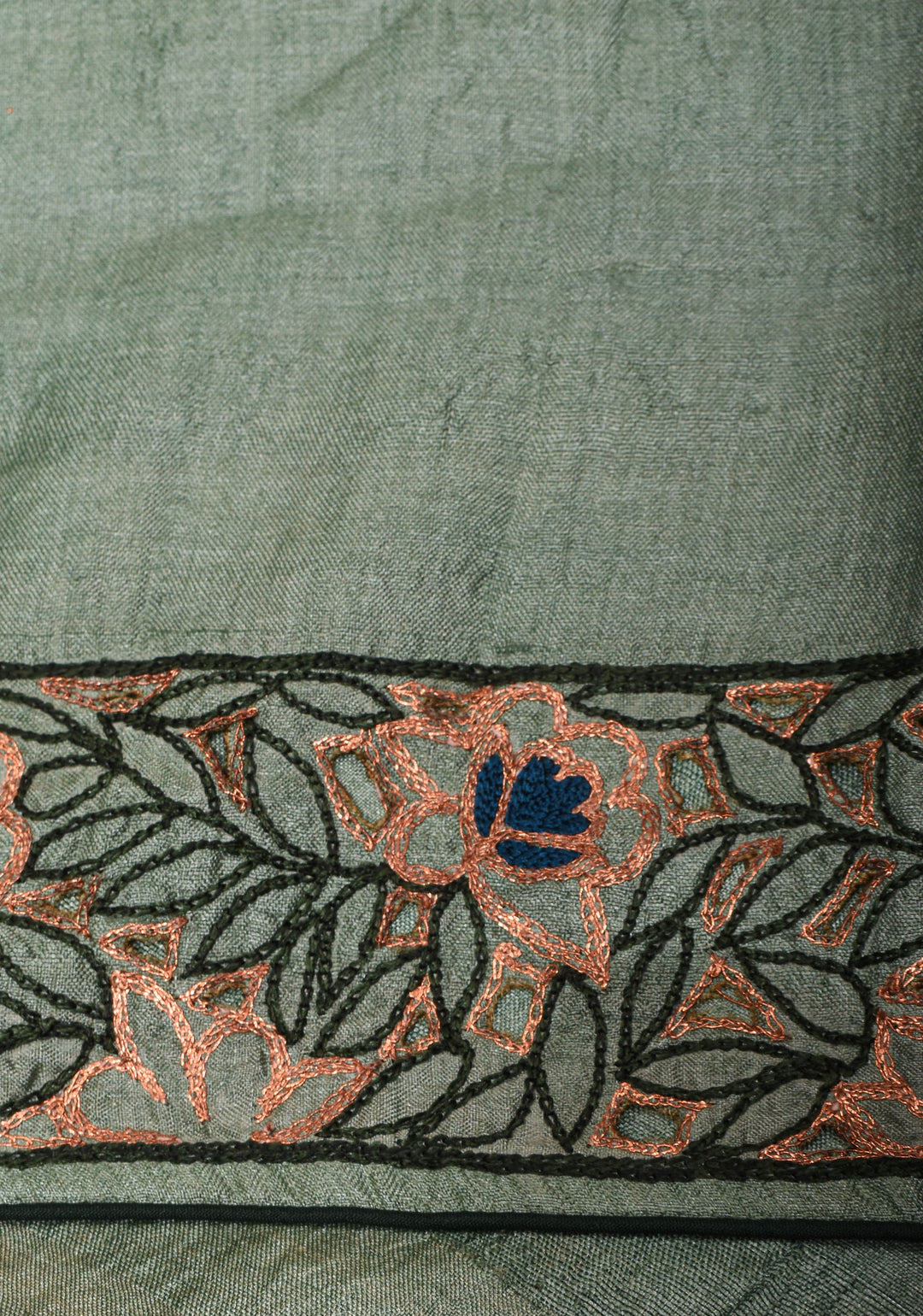 Viridian Green Tussar Sik Saree with Cutwork Border, Mirror and Pitta Work  | SILK MARK CERTIFIED