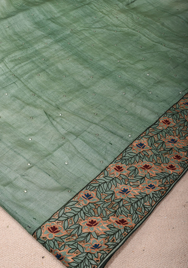 Viridian Green Tussar Sik Saree with Cutwork Border, Mirror and Pitta Work  | SILK MARK CERTIFIED