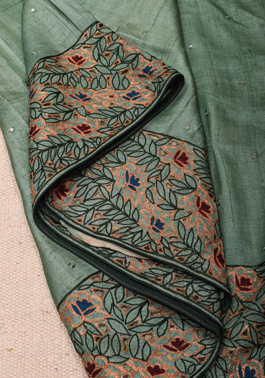 Viridian Green Tussar Sik Saree with Cutwork Border, Mirror and Pitta Work  | SILK MARK CERTIFIED