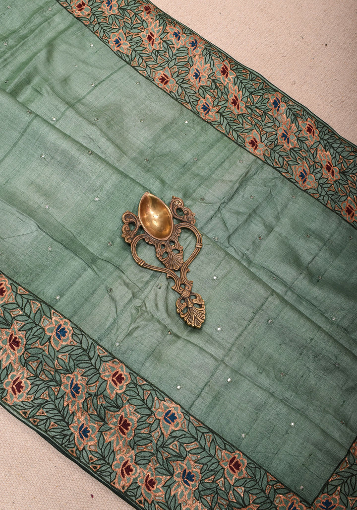 Viridian Green Tussar Sik Saree with Cutwork Border, Mirror and Pitta Work  | SILK MARK CERTIFIED