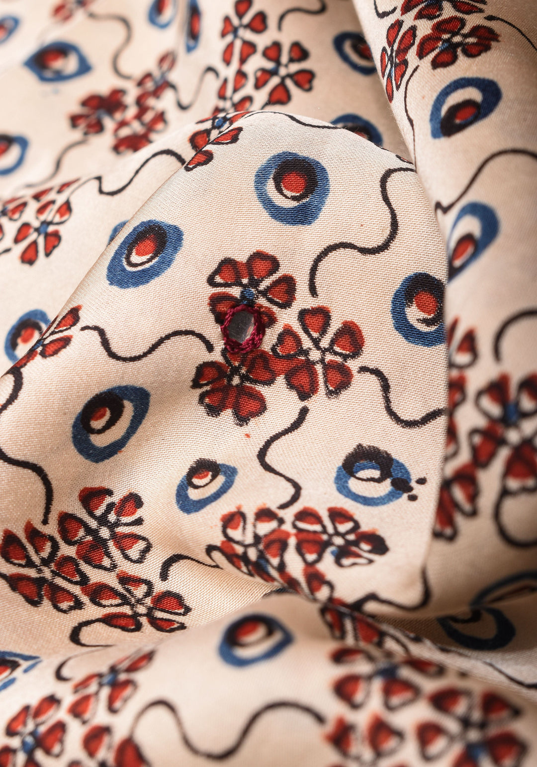 Cream Ajrakh Block Print Modal Saree with Floral Jaal Pattern and mirror Hand embroidery work