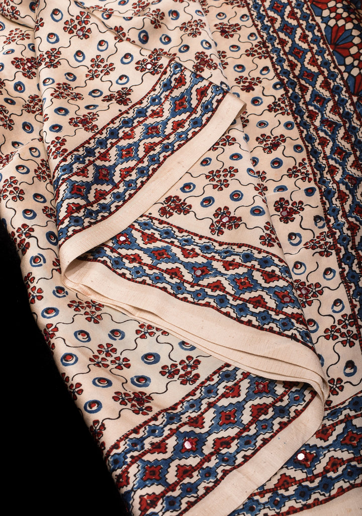 Cream Ajrakh Block Print Modal Saree with Floral Jaal Pattern and mirror Hand embroidery work