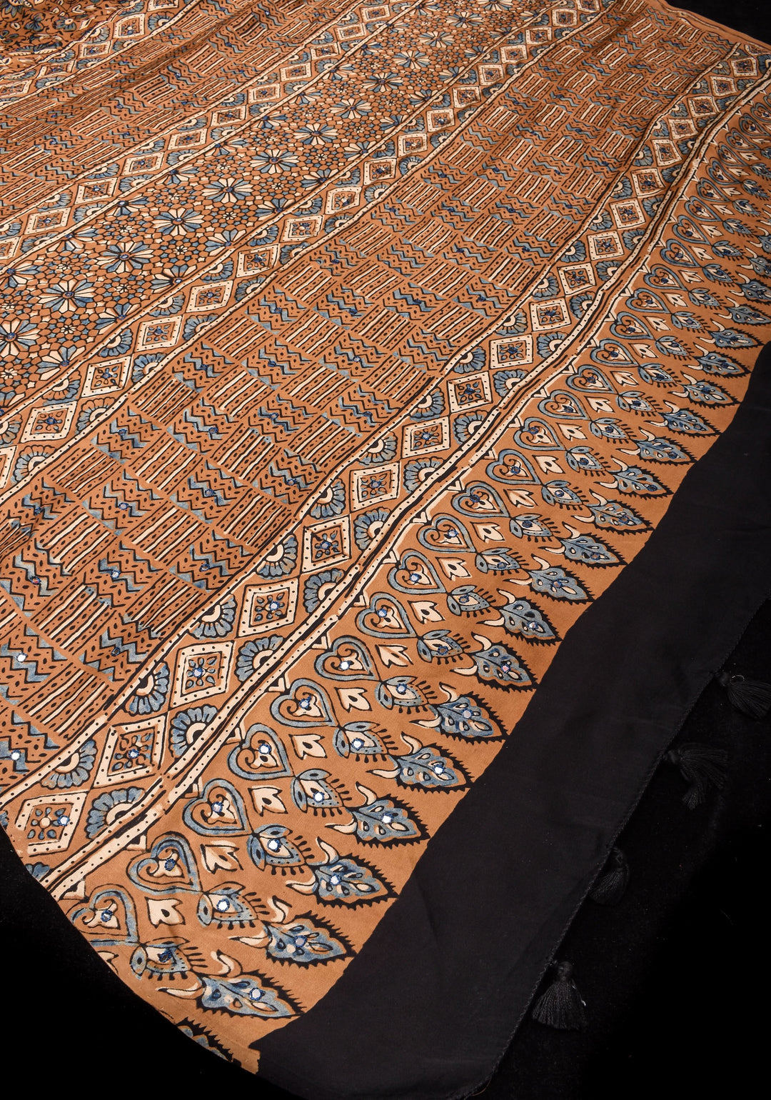 Brown Ajrakh Block Print Modal Saree with Floral Pattern and mirror Hand embroidery work