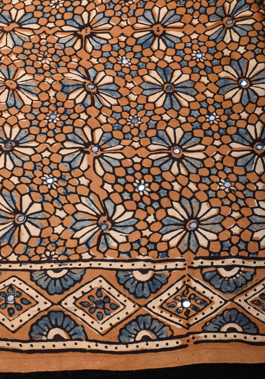 Brown Ajrakh Block Print Modal Saree with Floral Pattern and mirror Hand embroidery work