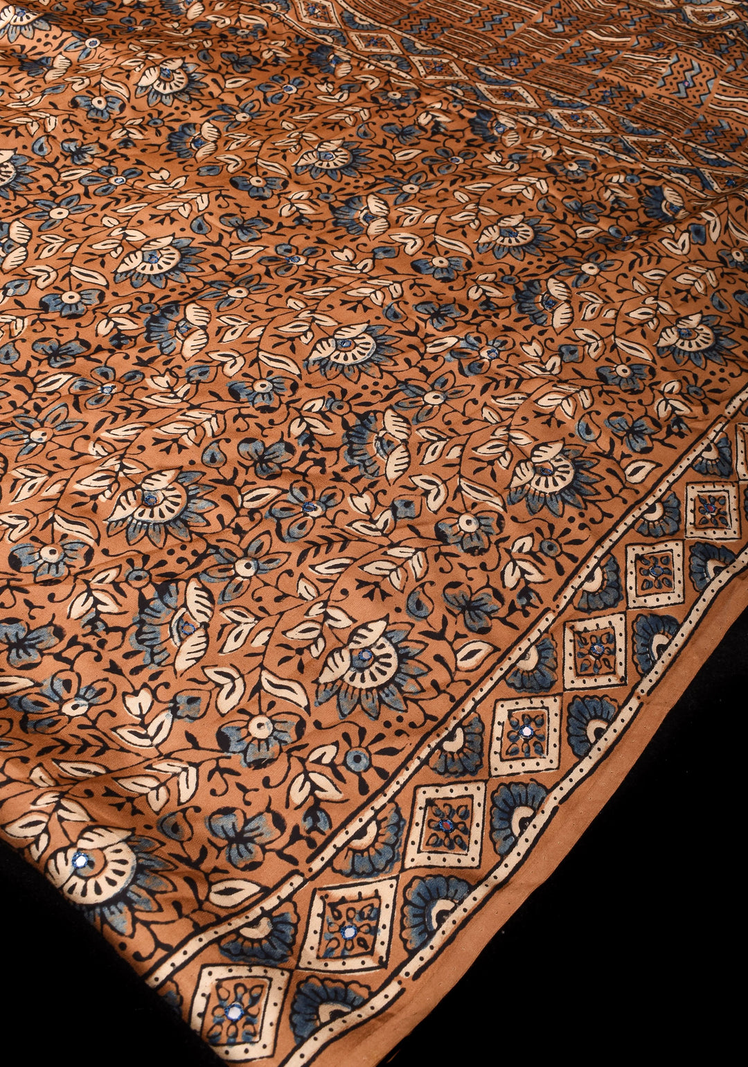 Brown Ajrakh Block Print Modal Saree with Floral Pattern and mirror Hand embroidery work