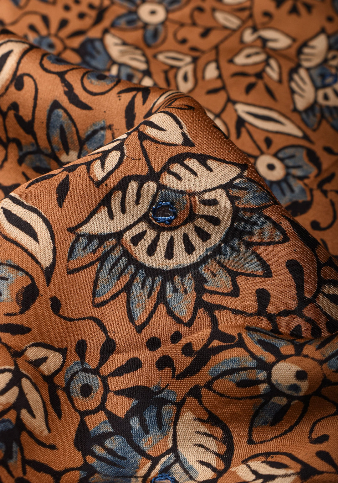 Brown Ajrakh Block Print Modal Saree with Floral Pattern and mirror Hand embroidery work