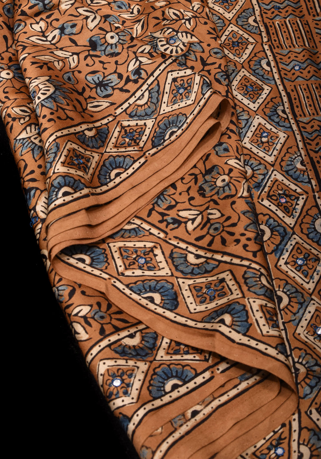 Brown Ajrakh Block Print Modal Saree with Floral Pattern and mirror Hand embroidery work