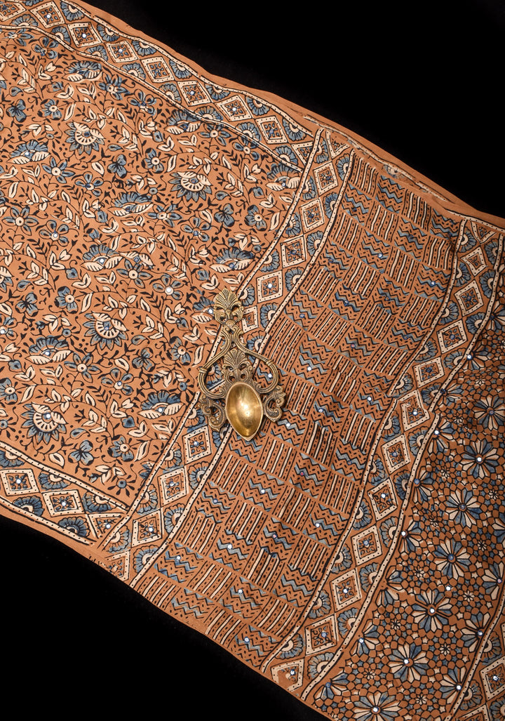 Brown Ajrakh Block Print Modal Saree with Floral Pattern and mirror Hand embroidery work