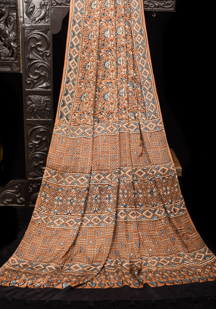 Brown Ajrakh Block Print Modal Saree with Floral Pattern and mirror Hand embroidery work