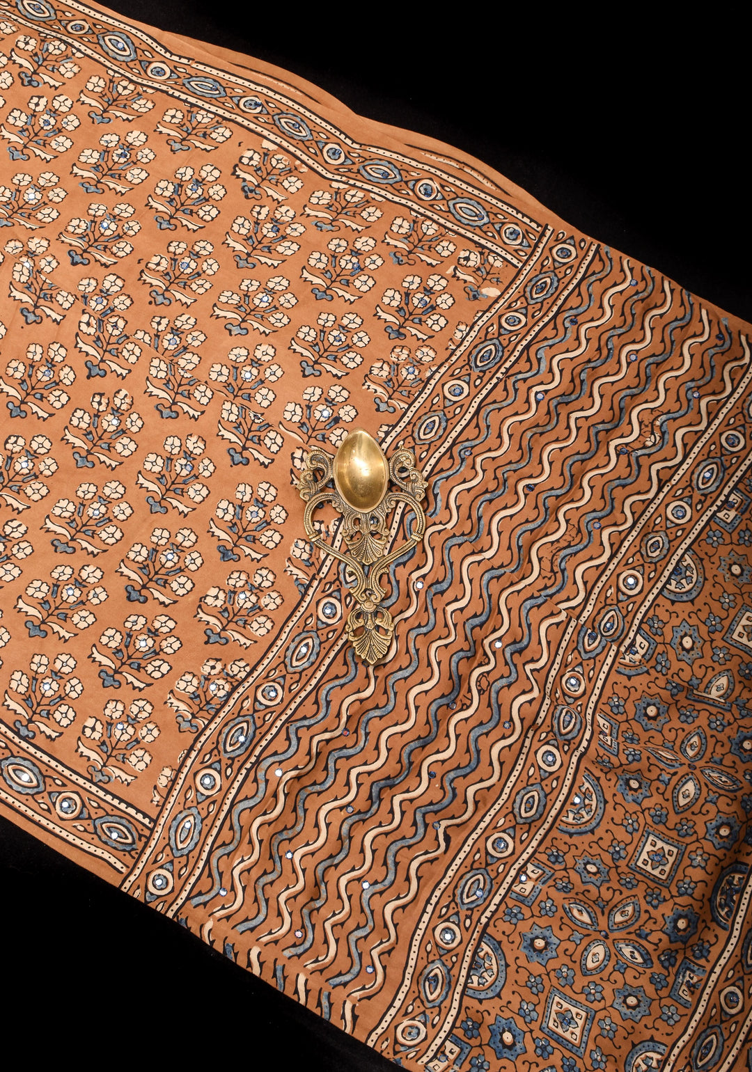 Camel Brown Ajrakh Block Print Modal Saree with Floral Print Pattern and Mirror Hand embroidery work