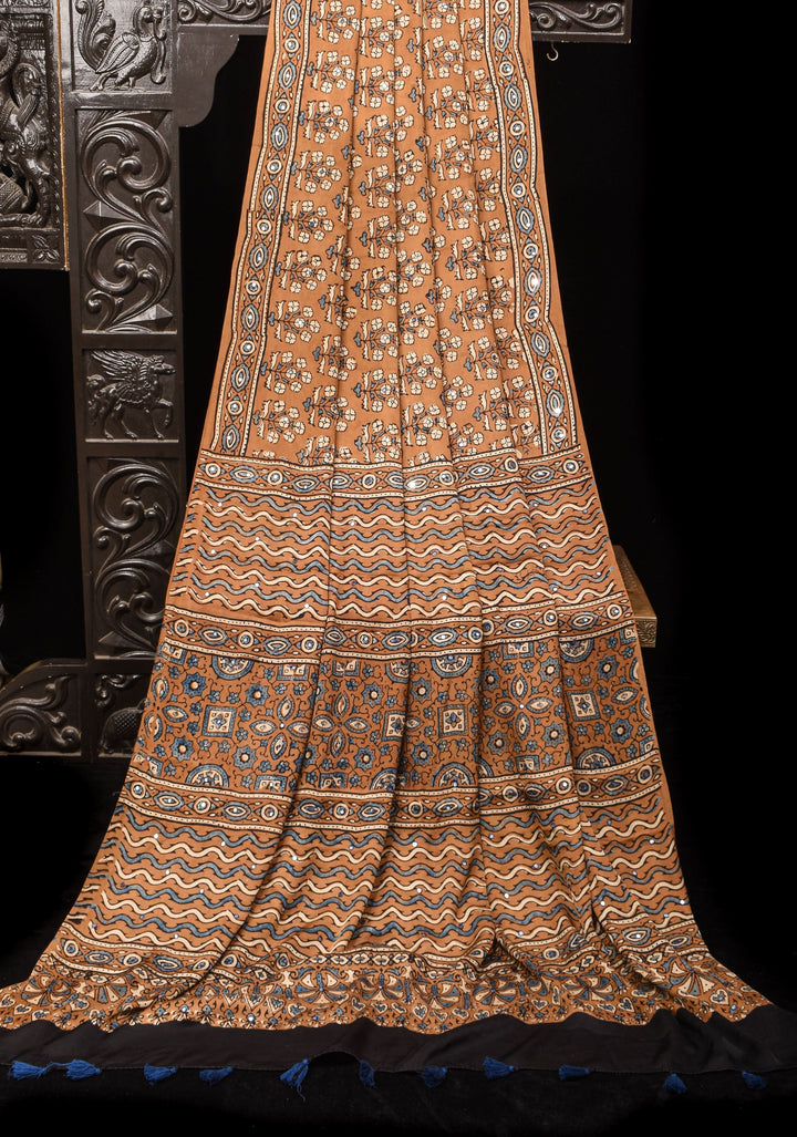Camel Brown Ajrakh Block Print Modal Saree with Floral Print Pattern and Mirror Hand embroidery work