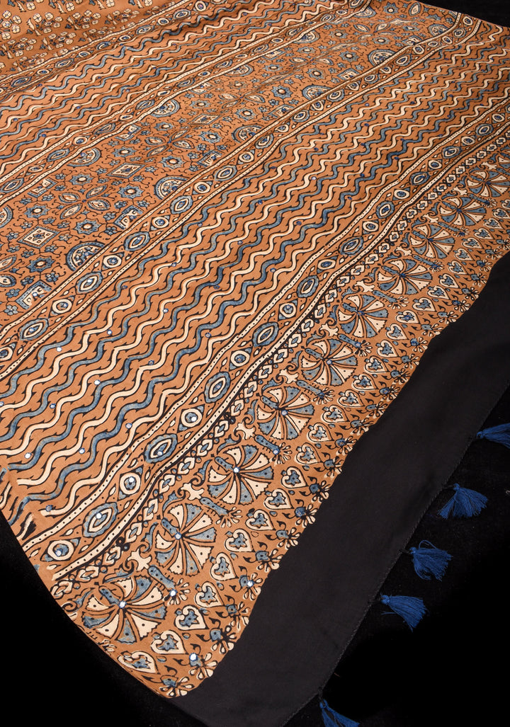 Camel Brown Ajrakh Block Print Modal Saree with Floral Print Pattern and Mirror Hand embroidery work