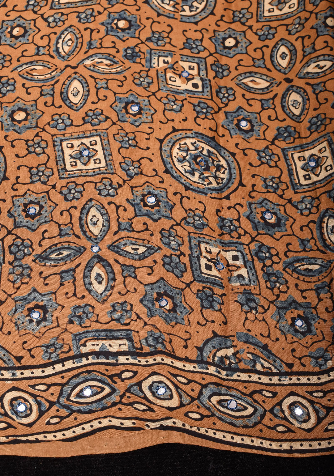 Camel Brown Ajrakh Block Print Modal Saree with Floral Print Pattern and Mirror Hand embroidery work