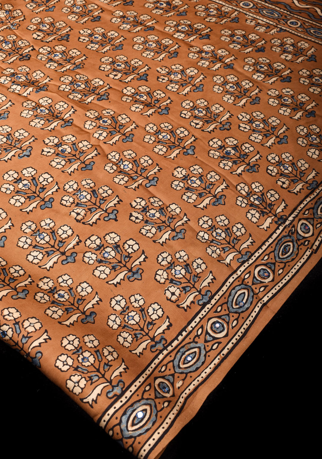 Camel Brown Ajrakh Block Print Modal Saree with Floral Print Pattern and Mirror Hand embroidery work