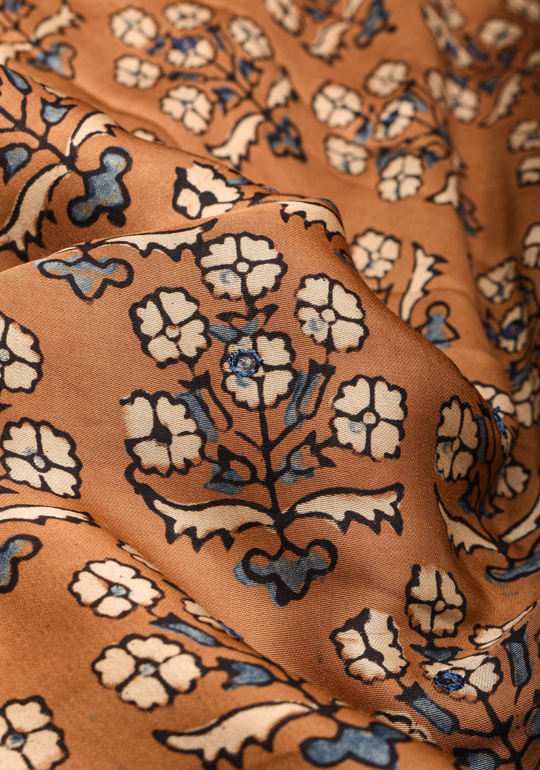Camel Brown Ajrakh Block Print Modal Saree with Floral Print Pattern and Mirror Hand embroidery work