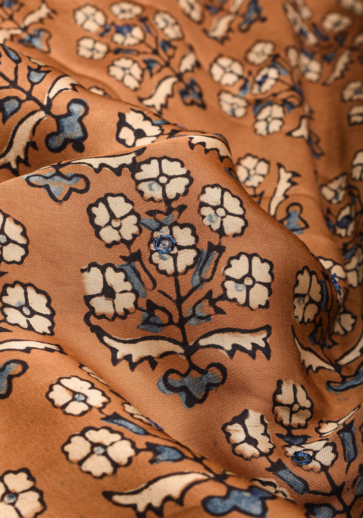 Camel Brown Ajrakh Block Print Modal Saree with Floral Print Pattern and Mirror Hand embroidery work