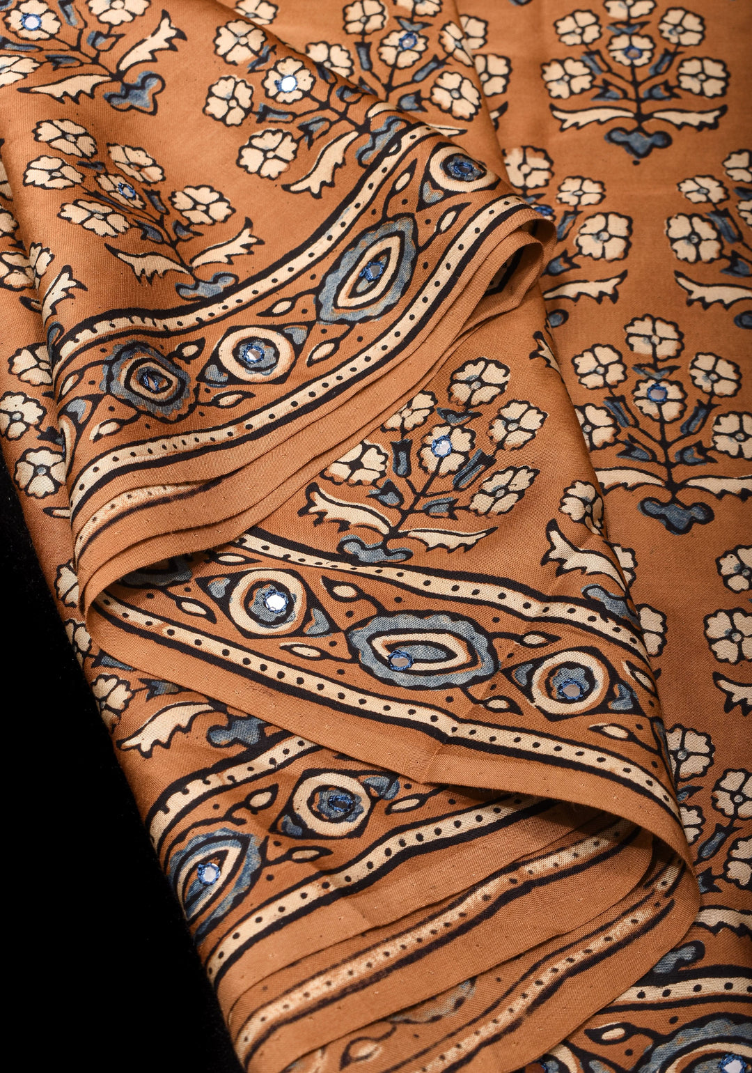 Camel Brown Ajrakh Block Print Modal Saree with Floral Print Pattern and Mirror Hand embroidery work