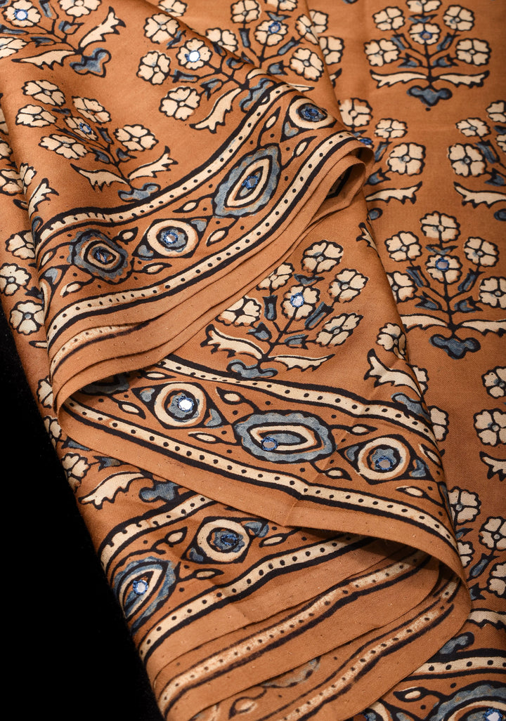 Camel Brown Ajrakh Block Print Modal Saree with Floral Print Pattern and Mirror Hand embroidery work