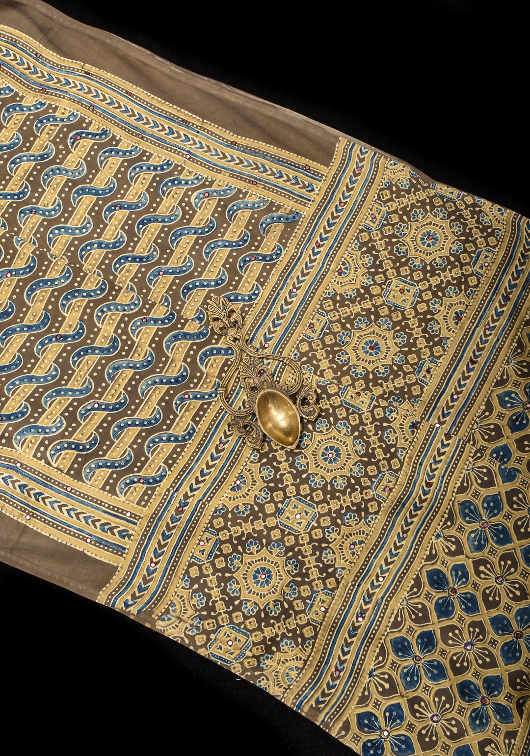 Dull Brown Ajrakh Block Print Modal Saree with Abstract Pattern and Mirror Hand embroidery work