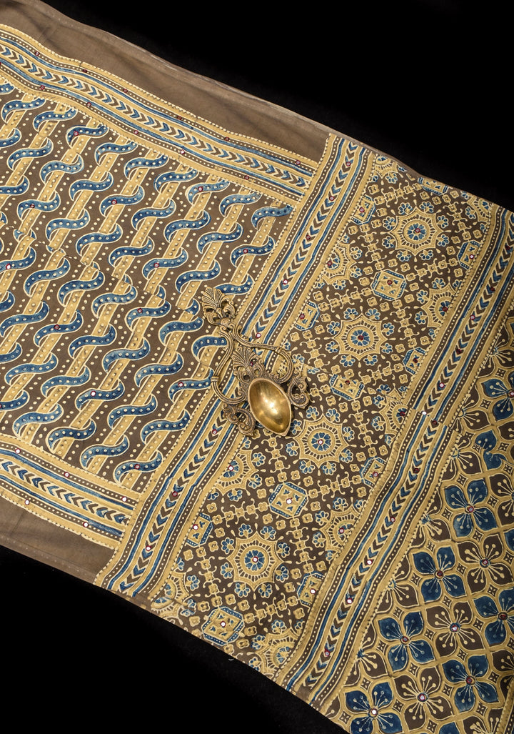 Dull Brown Ajrakh Block Print Modal Saree with Abstract Pattern and Mirror Hand embroidery work