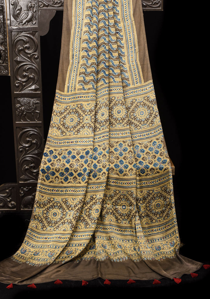Dull Brown Ajrakh Block Print Modal Saree with Abstract Pattern and Mirror Hand embroidery work