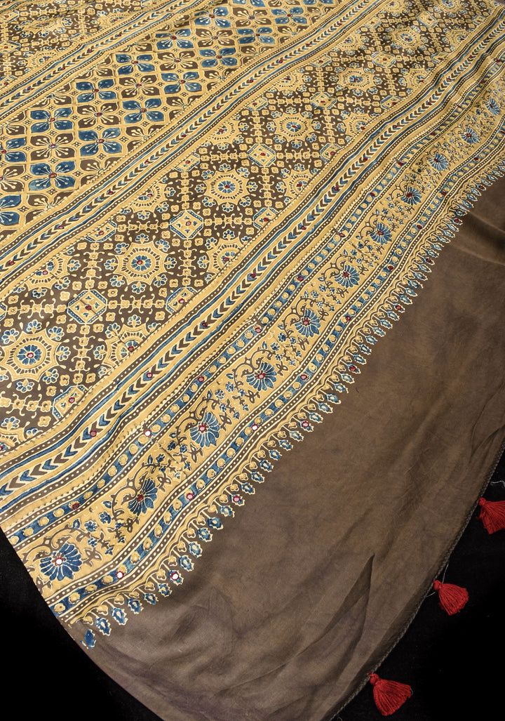 Dull Brown Ajrakh Block Print Modal Saree with Abstract Pattern and Mirror Hand embroidery work