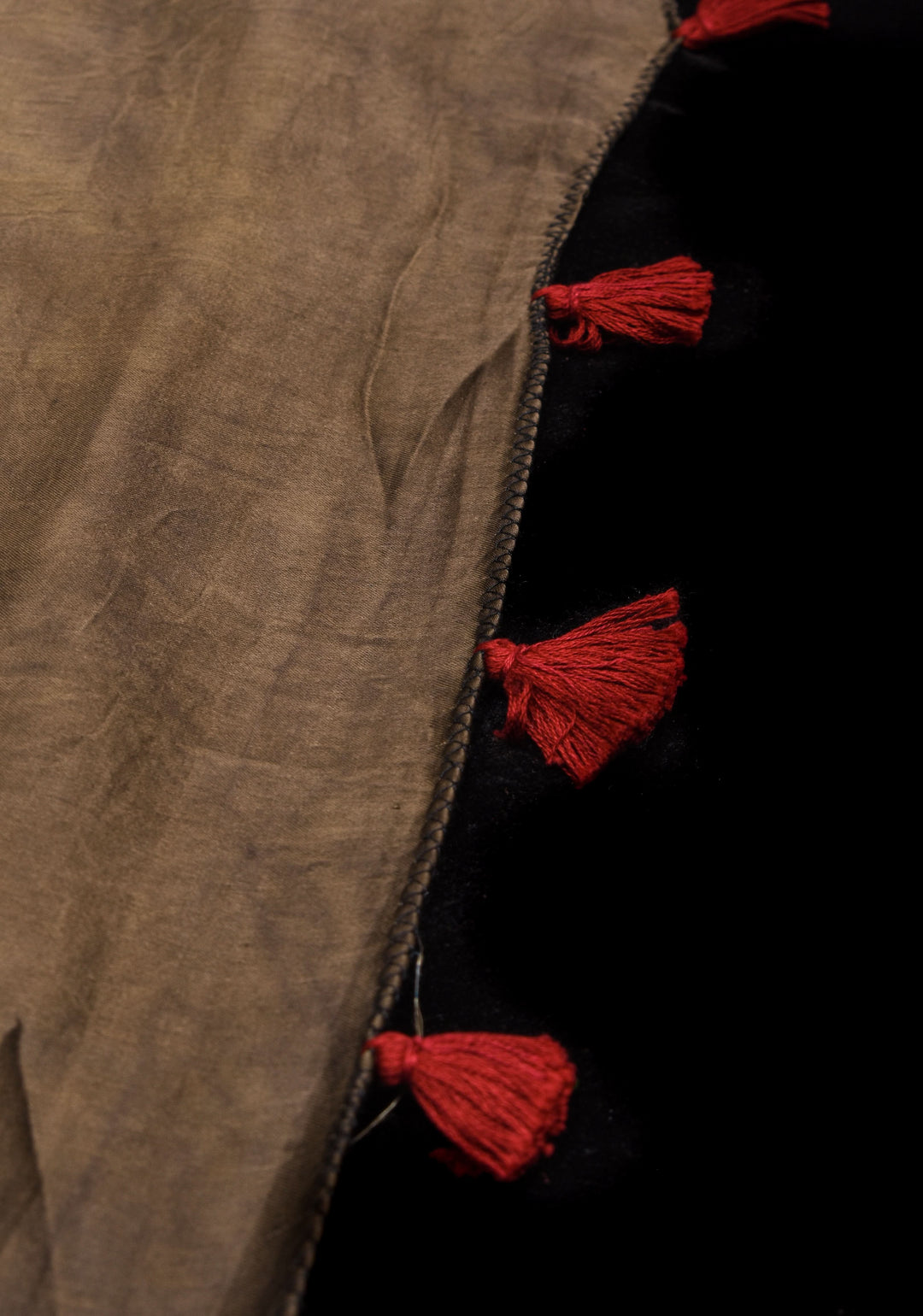 Dull Brown Ajrakh Block Print Modal Saree with Abstract Pattern and Mirror Hand embroidery work