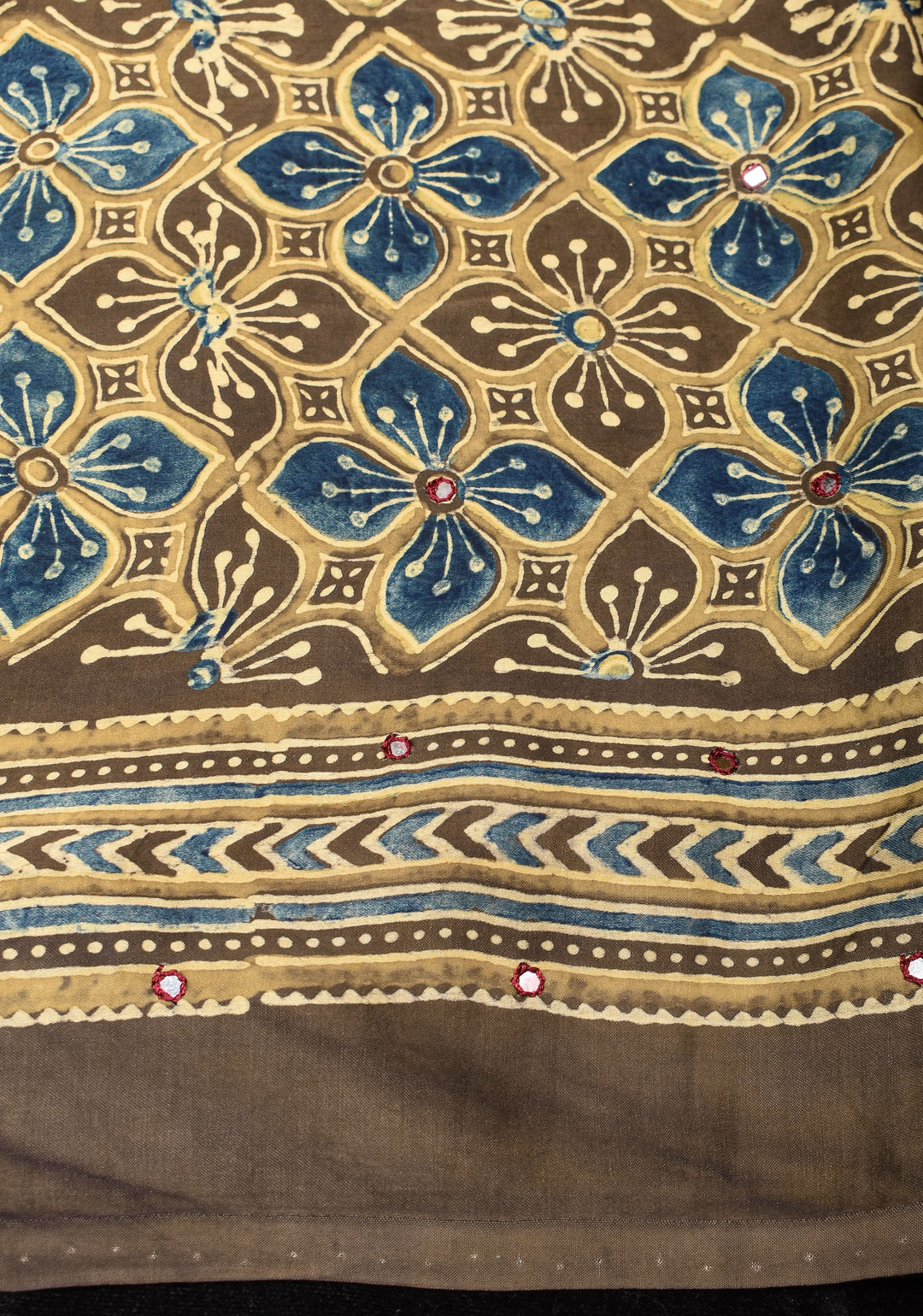 Dull Brown Ajrakh Block Print Modal Saree with Abstract Pattern and Mirror Hand embroidery work