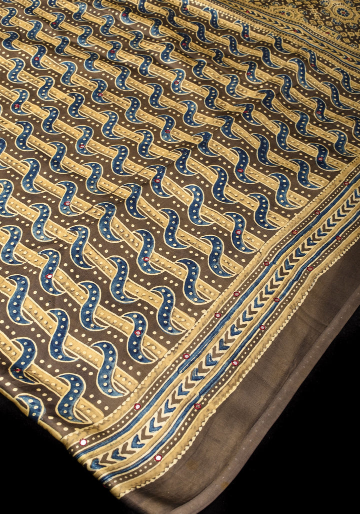 Dull Brown Ajrakh Block Print Modal Saree with Abstract Pattern and Mirror Hand embroidery work