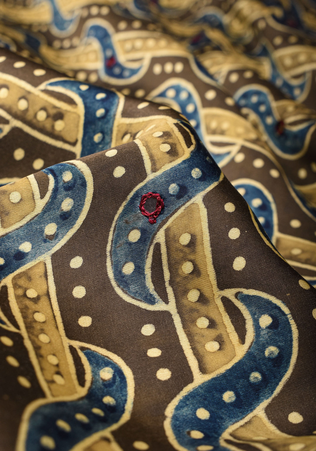 Dull Brown Ajrakh Block Print Modal Saree with Abstract Pattern and Mirror Hand embroidery work