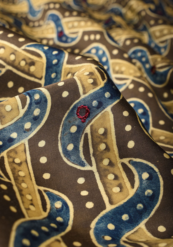 Dull Brown Ajrakh Block Print Modal Saree with Abstract Pattern and Mirror Hand embroidery work