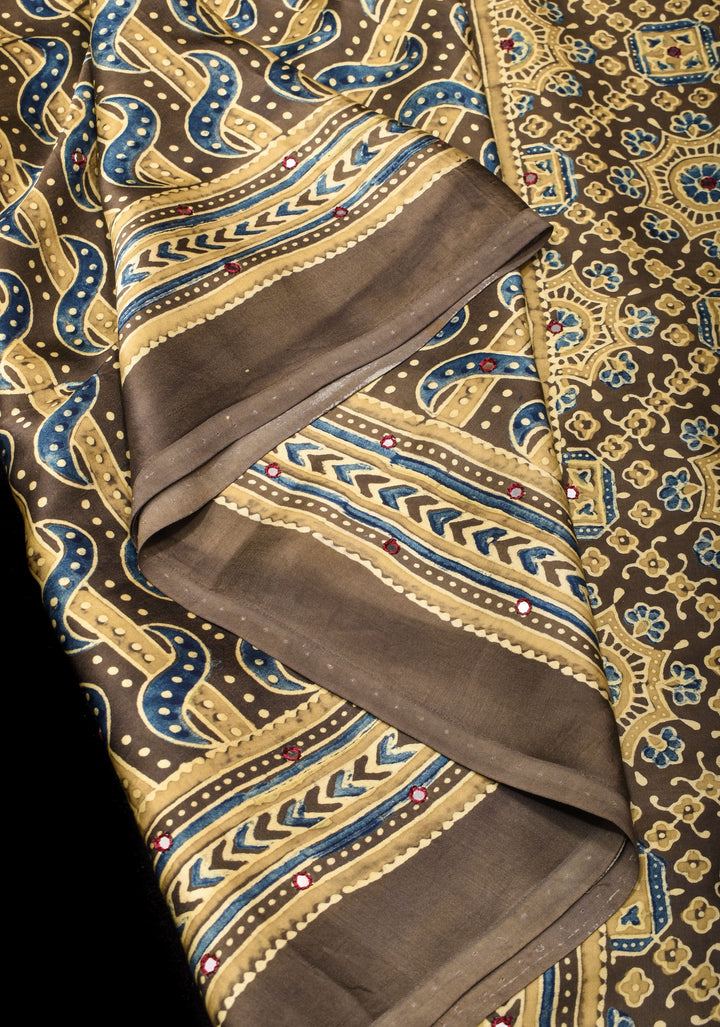 Dull Brown Ajrakh Block Print Modal Saree with Abstract Pattern and Mirror Hand embroidery work