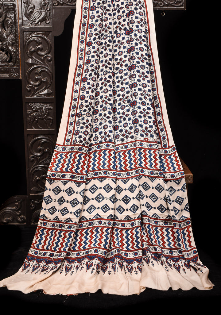 Off White Ajrakh  Hand Block Print Modal Silk Saree with Floral Design