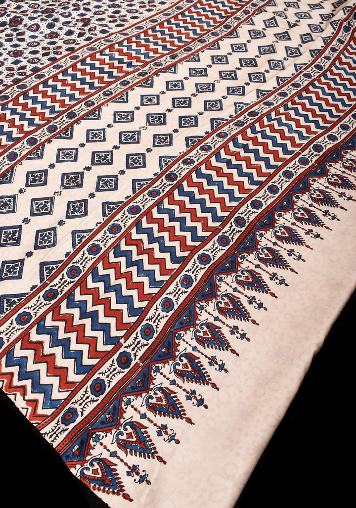 Off White Ajrakh  Hand Block Print Modal Silk Saree with Floral Design