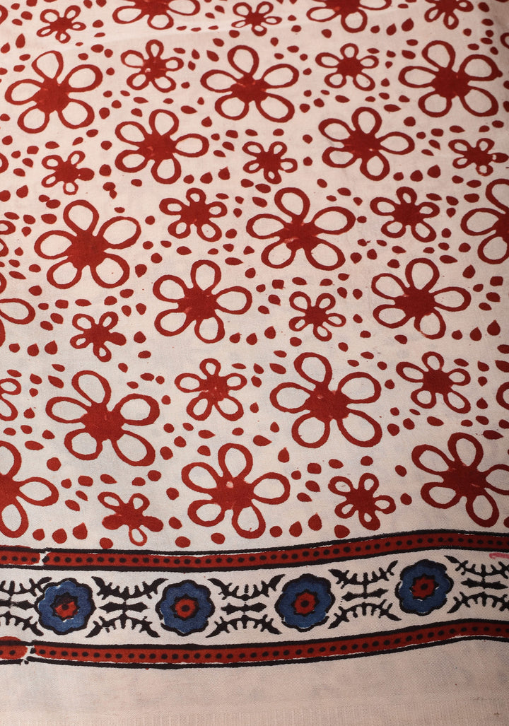 Off White Ajrakh  Hand Block Print Modal Silk Saree with Floral Design