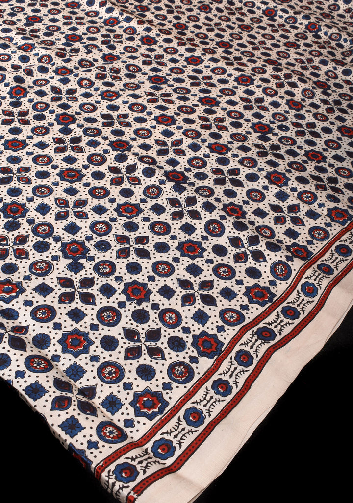 Off White Ajrakh  Hand Block Print Modal Silk Saree with Floral Design