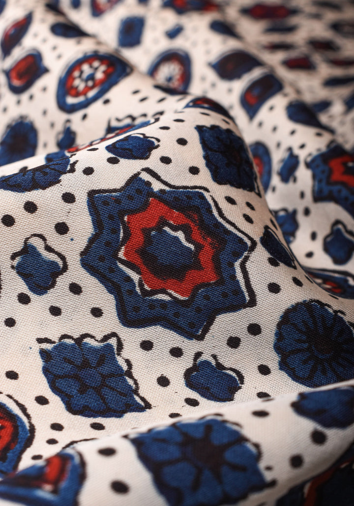 Off White Ajrakh  Hand Block Print Modal Silk Saree with Floral Design