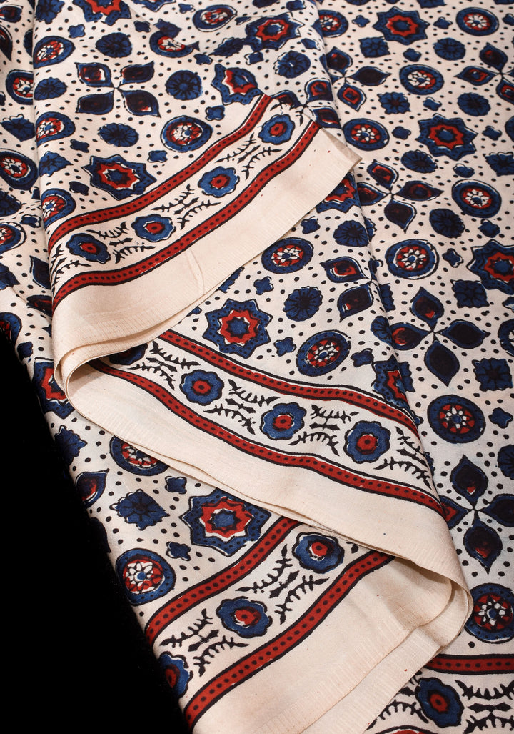 Off White Ajrakh  Hand Block Print Modal Silk Saree with Floral Design