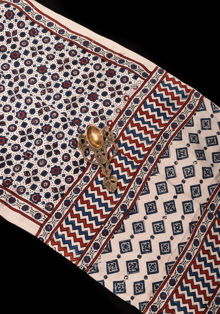 Off White Ajrakh  Hand Block Print Modal Silk Saree with Floral Design