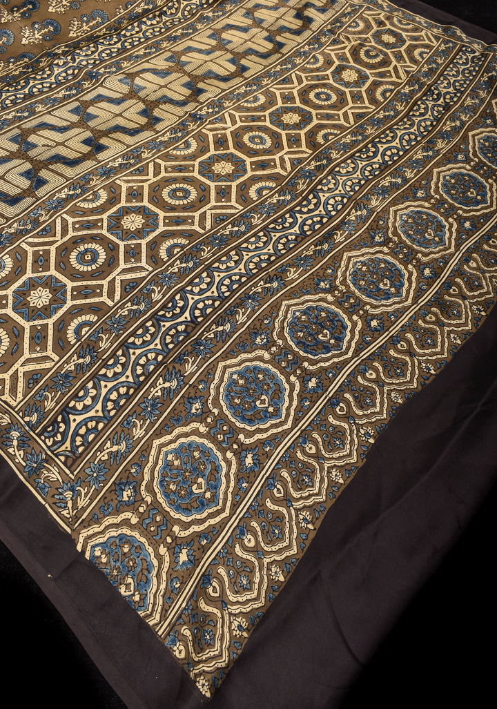 Dull Brown Hand Block Print Modal Silk Saree with Floral Design Pattern