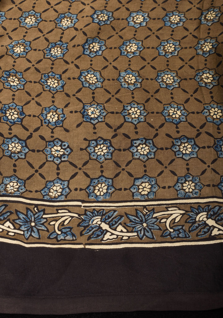 Dull Brown Hand Block Print Modal Silk Saree with Floral Design Pattern
