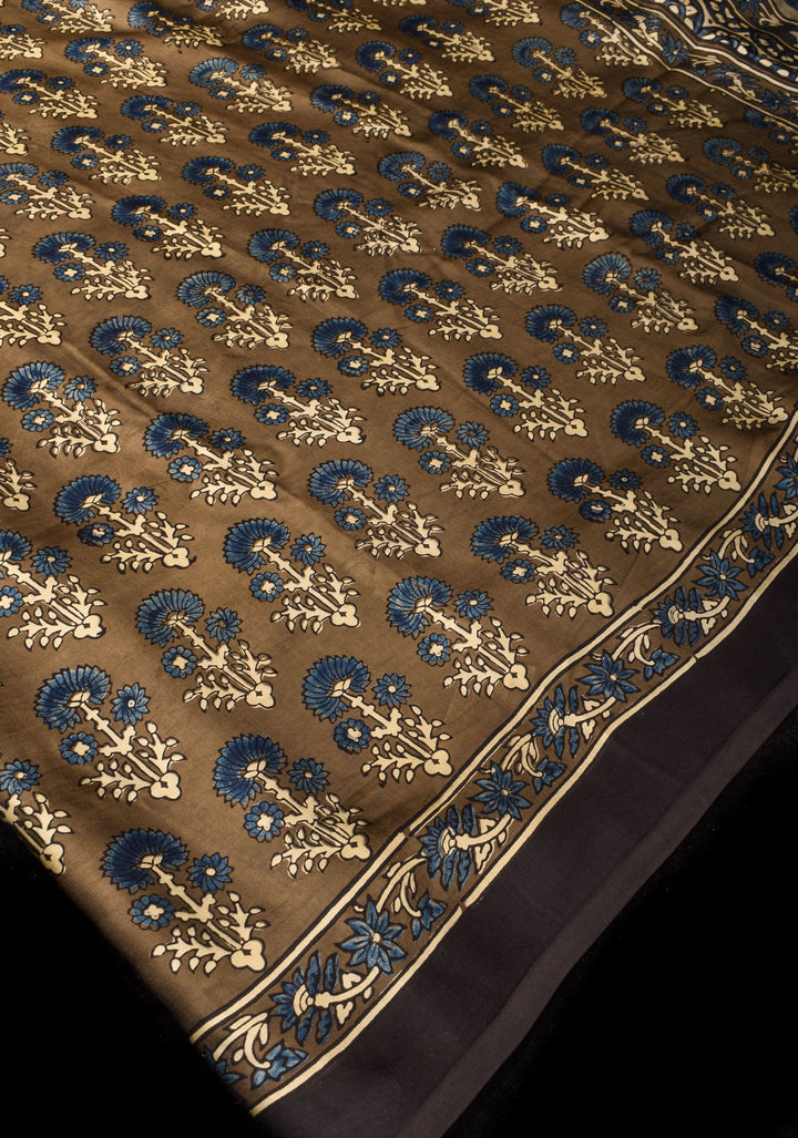 Dull Brown Hand Block Print Modal Silk Saree with Floral Design Pattern