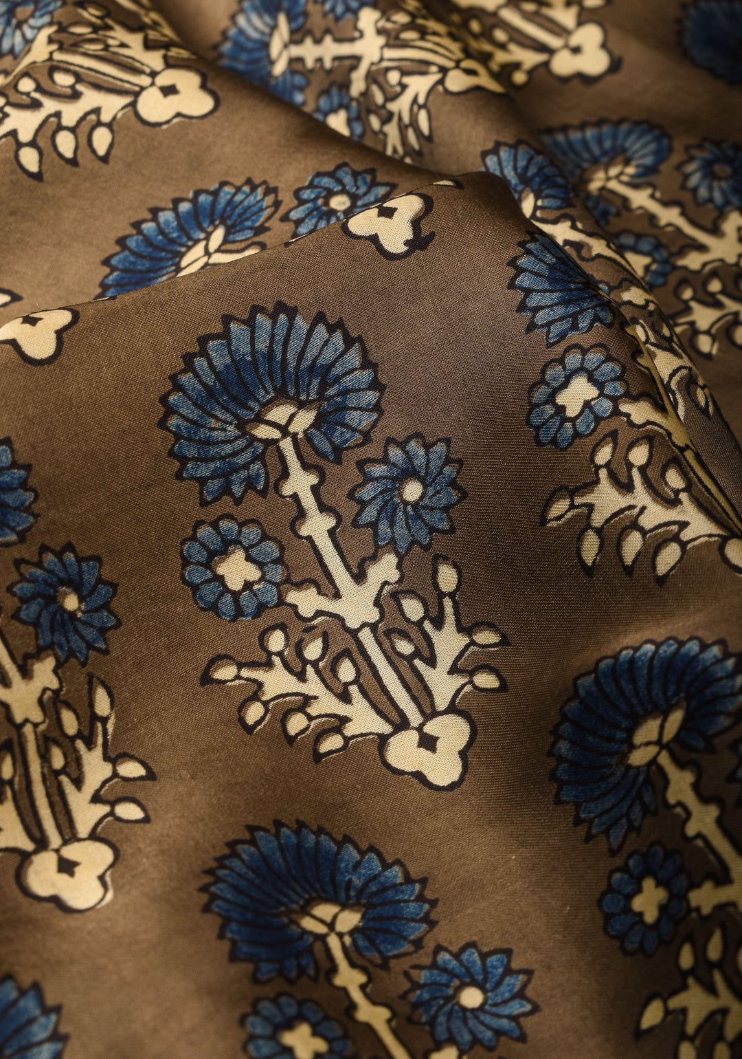 Dull Brown Hand Block Print Modal Silk Saree with Floral Design Pattern